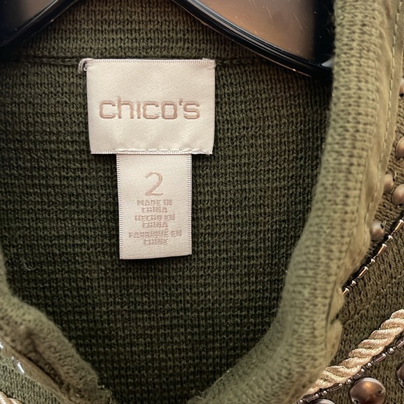 CHICOS MILITARY EMBELLISHED SWEATER JACKET CARDIGAN OLIVE L (12) - Picture 9 of 11